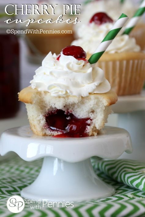 Cherry Pie Cupcakes are ridiculously delicious, soft and fluffy with a cherry pie surprise inside... these can be served warm out of the oven with a scoop of ice cream for a dessert your family is definitely not going to want to miss! Cherry Pie Cupcakes, Delicious Cupcakes Recipes, Cake Mix Ingredients, Favorite Pie Recipes, Pie Cupcakes, Spend With Pennies, Cherry Recipes, Easy Cupcakes, Favorite Pie