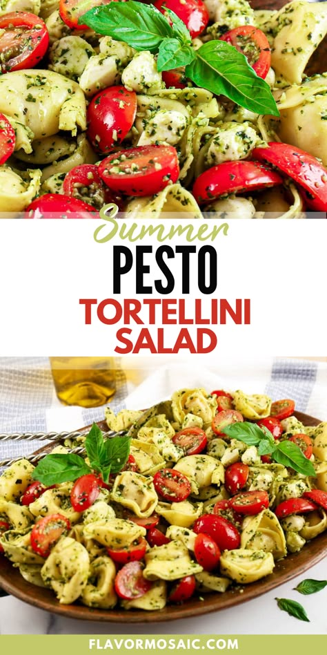 This summer pesto tortellini salad makes a delicious potluck recipe or summer side dish! This quick and easy side features tender tortellini, fresh basil pesto, juicy grape tomatoes, and creamy mozzarella pearls, this salad is a must-try for any pasta lover. Pasta salad is a classic side dish and this recipe has a unique tangy twist! Click through to the blog for all the details. Pasta Recipes Tortellini, Creamy Pesto Tortellini, Pasta Salad Pesto, Pesto Tortellini Pasta Salad, Recipes Tortellini, Tortellini Pesto, Pesto Tortellini Salad, Easy Tortellini, Tortellini Pasta Salad