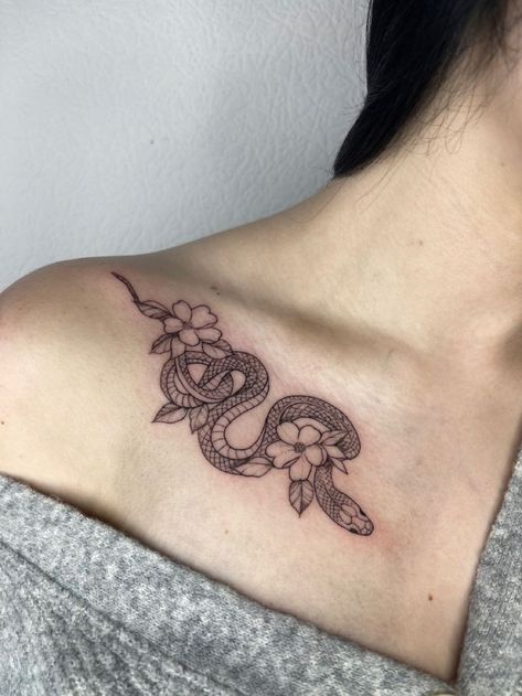 Snake Clavicle Tattoo, Snake Chest Tattoo Female, Collar Bone Snake Tattoo, Neck Snake Tattoo, Jameson Tattoo, Collarbone Shoulder Tattoo, Snake Collar Bone Tattoo, Collarbone Snake Tattoo, Snake Shoulder Tattoo