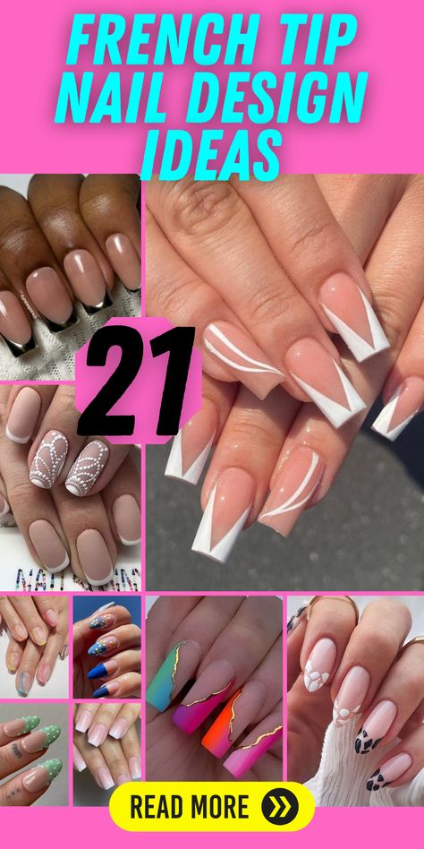 French tip nails are a classic choice that never goes out of style. Whether you prefer the traditional white tips or want to add a pop of color like pink or blue, these nails are versatile and chic. Explore different shapes such as stiletto or almond to create a nail look that's both timeless and trendy. Enhance your French tip nails with intricate art designs for a unique touch. French Tip Acrylic Nails Inspiration, Nail Designs For French Tips, French Tip Acrylic Nails With Color, French Tip Colors Ideas, Funky French Tip Nail Designs, Cool French Tip Designs, French Classy Nails, Non Traditional French Manicure, Modern French Tips Nails