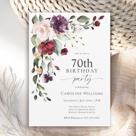 Boho Red and Purple Floral 70th Birthday Party Invitation Floral Birthday Party Invitations, Purple And Peach, Birthday Party Decorations For Adults, 75th Birthday Parties, 60th Birthday Party Invitations, 40th Birthday Party Invites, 100th Birthday Party, 50th Birthday Party Invitations, Floral Birthday Party