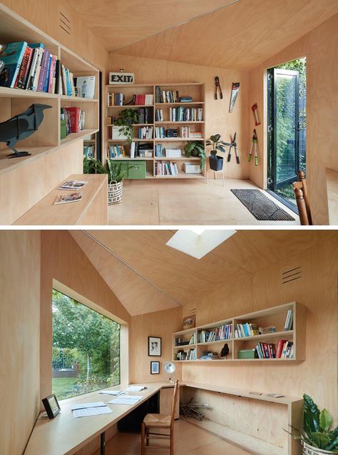 A small backyard home office has plywood walls, shelving, and a large desk. Plywood Home Office, Home Office Sheds Backyard Studio, Stanley Ideas, Man Cave Inspiration, Shed Homes Ideas, Home Office Shed, Small Garden Office, Boston Ivy, Cabin Office