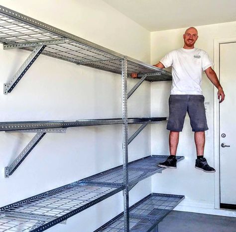 Metal Garage Shelves, Garage Shelving Ideas, Heavy Duty Garage Shelving, Pallet Deck Diy, Garage Wall Shelving, Garage Racking, Diy Garage Work Bench, Diy Garage Storage Cabinets, Garage Storage Racks