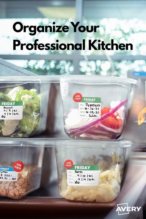 Labels on food storage bins in a professional kitchen Small Commercial Kitchen Layout, Commercial Kitchen Organization, Commercial Kitchen Layout, Small Commercial Kitchen, Commerical Kitchen, Commercial Kitchen Appliances, Food Safety Tips, Kitchen Appliance Storage, Kitchen Words