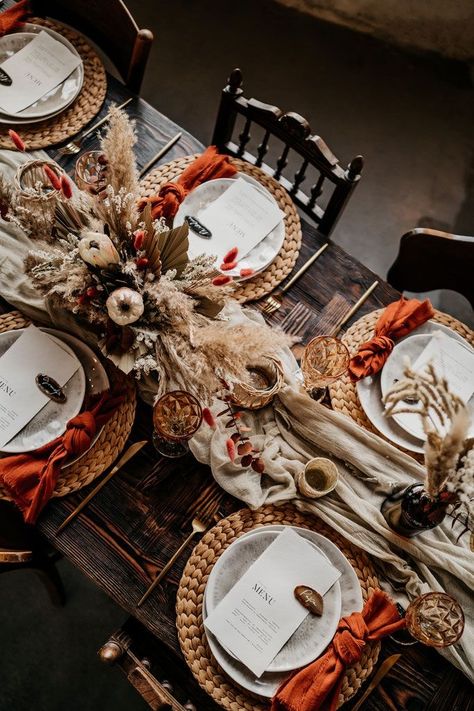 Boho Glam, Place Settings, The Table, Boho Wedding, Napkins, Orange, Flowers, White, Bonn