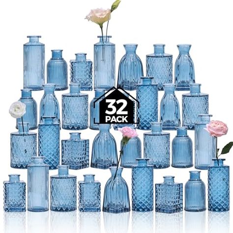 Something Blue Bridal Shower Ideas Centerpieces, Something Blue Bridal Shower Decor, Wedding Blue Table, Vintage Table Decorations, Small Glass Vase, Vases For Centerpieces, Blue Vases, Glass Bud Vases, Table Decorations Wedding