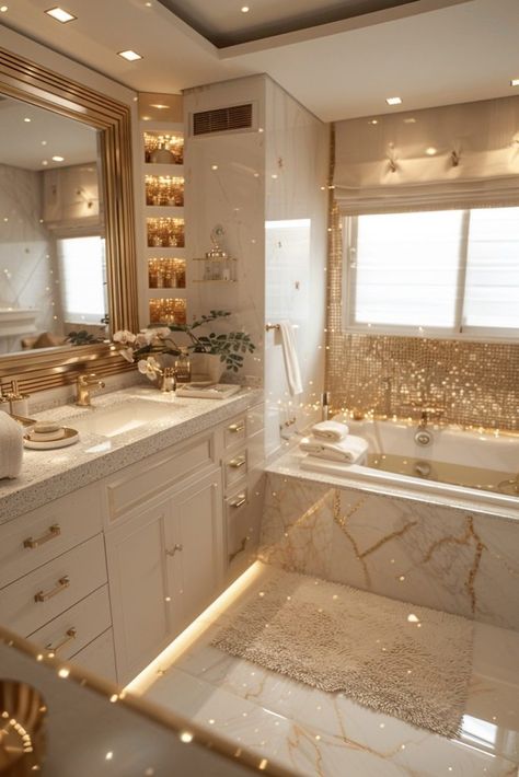 29 Luxurious Gold Bathroom Decor Ideas for a Glamorous Touch 2 House With Gold Fixtures, Bathroom Ideas Gold And White, House With Gold Accents, Gold Bathroom Aesthetic, Luxurious Bathroom Decor Ideas, White Aesthetic Bathroom, White Bathroom Luxury, Elegant Bathroom Luxury Modern, White And Gold Bathroom Ideas