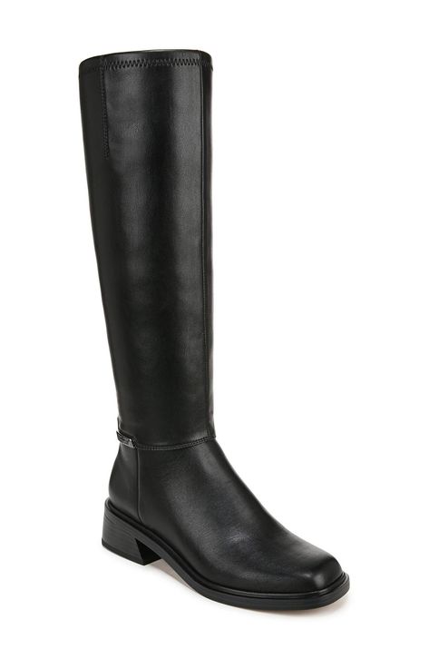 Classic details lend a refined appearance to this tall boot that's the perfect go-to for elevating in-office or off-duty looks. 1 3/4" heel; 6" shaft; 9 3/4" calf circumference Synthetic upper, lining and sole Imported Tall Boots Narrow Calf, Narrow Calf Riding Boots, Classic Tall Knee-high Boots For Wide Calf, Classic Tall Black Boots, Women’s Tall Boots, Women’s Riding Boots, Black Boots Knee High, Tall Black Leather Boots, Over The Knee Black Boots