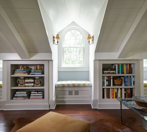 Brooks & Falotico | Connecticut Guest Cottage |~~love the bookcases on either side of the window seat. Dormer Window, Attic Renovation Ideas, Attic Playroom, Small Attic, Attic Design, Attic Bedrooms, Dormer Windows, Attic Renovation, Attic Storage