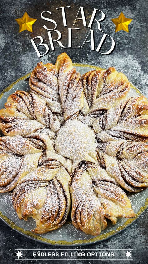 Star Bread (AKA Snowflake Bread) Star Cinnamon Bread, Cinnamon Roll Star Bread, Bread Recipes For Gifts, Snowflake Cinnamon Bread, Pizza Star Bread, Sourdough Christmas Star Bread, Christmas Star Bread Recipe, Sourdough Star Bread Recipe, Cinnamon Snowflake Bread