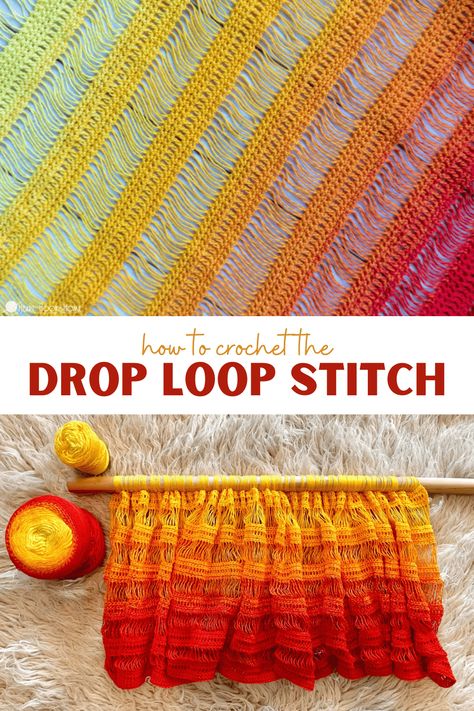 The Drop Loop Stitch is a tall, open, and stunning stitch. Grab a dowel rod (or a broomstick) and learn how to make this easy stitch today. Loop Stitch, Swimsuit Coverups, Crochet Stitches Guide, Beginner Knitting Patterns, Step By Step Crochet, Waffle Stitch, Crochet Stitches For Beginners, Easy Stitch, Bobble Stitch