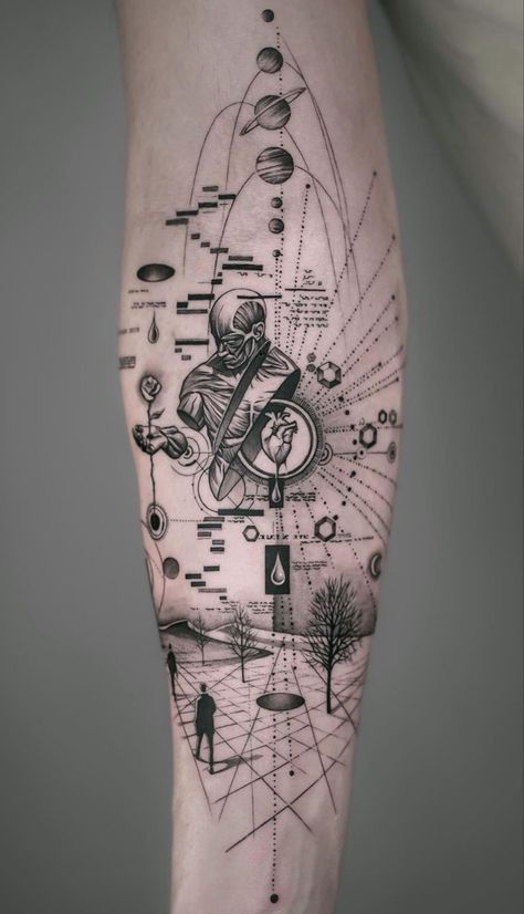 Davinci Code Tattoo, Fineline Men Tattoos, Science Back Tattoo, Calculus Tattoo, Physics Tattoo Science, Mathematic Tattoos, Psychology Tattoo Ideas Inspiration, Scientist Tattoo, Quantum Physics Tattoo