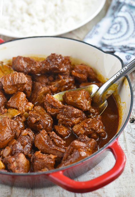 Pork Ribs Adobo with atsuete is another regional version of our classic Filipino stew. With added annatto powder and ginger, this Ilonggo Adobong Pula is boldly-flavored and perfect with steamed rice! Pork Rib Adobo Recipe Filipino, Pork Ribs Adobo Recipe Filipino, Pork Adobo Recipe Filipino, Filipino Meals, Tender Pork Ribs, Adobo Pork, Filipino Pork Adobo, Pork Adobo Recipe, Filipino Spaghetti