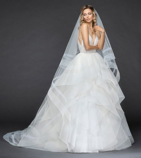 Style V859  Aldridge Ivory two-tier cathedral veil with double horsehair trim. Matches styles: Aldridge, Tulua Color Veil, Hayley Paige Wedding Dress, Wedding Dresses Whimsical, How To Dress For A Wedding, Pink Wedding Dress, Hayley Paige, Trendy Wedding Dresses, Cathedral Veil, Off White Dresses