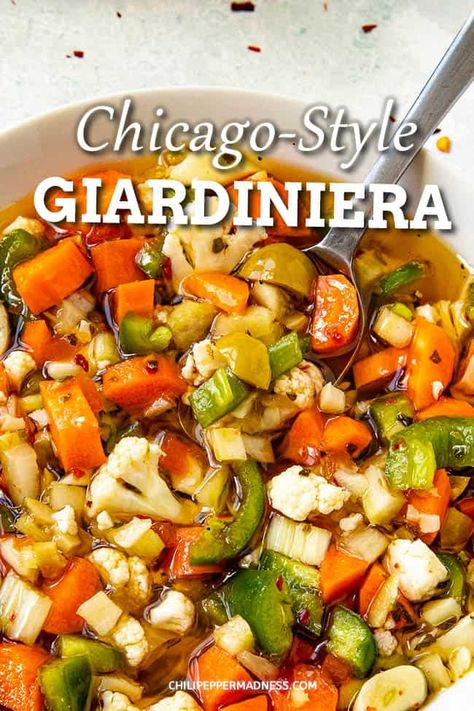 Gardenaire Recipes, Italian Hot Peppers In Oil Recipes, Chicago Style Giardiniera Recipe, Giardiniera Recipe, Pickled Things, Italian Beef Recipes, Pickled Vegetables Recipe, Chili Pepper Recipes, Italian Beef Sandwiches