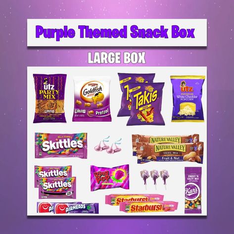 Purple Gift Box Purple Themed Snack Care Package Thinking | Etsy Purple Packaged Snacks, Purple Snack Ideas, Purple Food Basket, Color Party Basket Ideas Purple, Purple Color Party Basket, Purple Color Theme Party Basket, Purple Gift Box Ideas For Him, Color Party Ideas For Adults Purple Basket, Purple Basket For Color Party