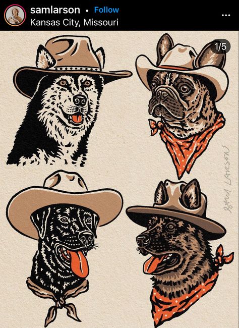 American Traditional Husky Tattoo, Western Dog Tattoo, American Traditional French Bulldog Tattoo, Dog Cowboy Hat Tattoo, Dog American Traditional Tattoo, Dog Tattoo Traditional, Western Cat Tattoo, American Traditional Dog, Traditional German Shepherd Tattoo