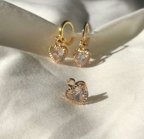 Heart Huggies, Earrings Etsy, Crystal Heart, Crystal Earrings, Gold Earrings, Gold, Clothes