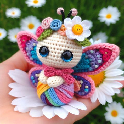 Amigurumi Butterfly Fairy with colorful wings, a floral crown, and a rainbow body. Perfect for crochet enthusiasts and fairy tale lovers! Crochet Fairy Wings, Crochet Fairies, Fairy Crochet, Colorful Wings, Crochet Fairy, Butterfly Fairy, Fairy Wings, Floral Crown, A Rainbow