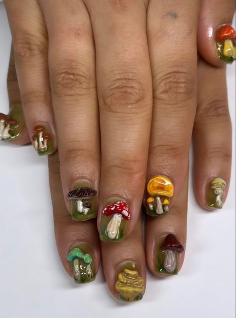 Goblincore Nail Design, Quirky Acrylic Nails, Oddity Nails, Weird Short Nails, Green Mushroom Nails, Corn Nails, Goblin Core Nails, Funky Natural Nails, Pickle Nails