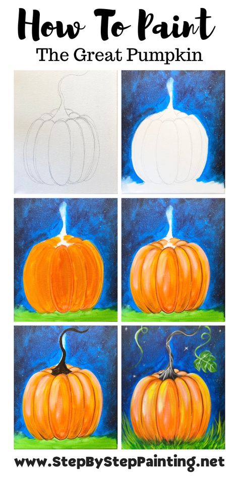 "The Great Pumpkin" - Acrylic Painting Tutorial Pumpkin On Canvas Painting, Painting A Pumpkin On Canvas, Pumpkin Stack Painting, Pumpkin Art Ideas For Kids, How To Do Canvas Painting Step By Step, Pumpkin Art Designs, How To Paint Pumpkins On Canvas, Painting Of A Pumpkin, Pumpkin Still Life Paintings