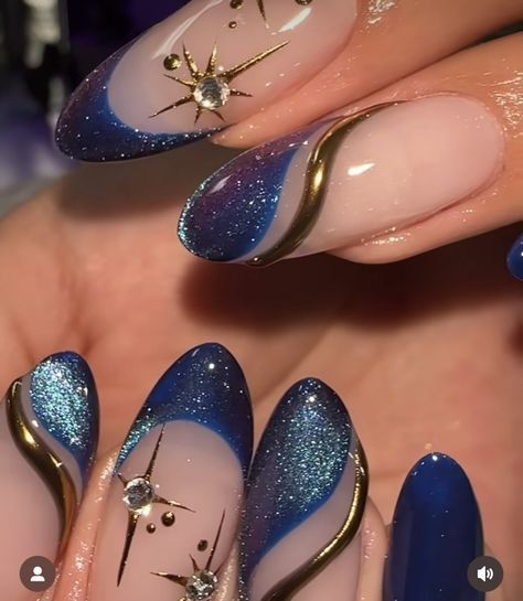 Royal Blue Rhinestone Nails, Acotar Nails, Blue Gold Nails, Blue And Silver Nails, Hoco Nails, Dark Blue Nails, Witchy Nails, Formal Nails, Blue Nail