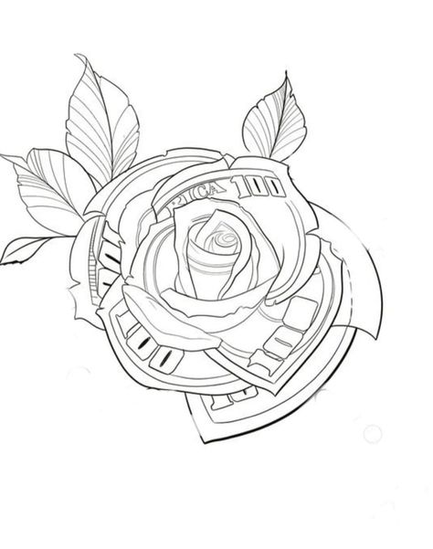 Money Flower Tattoo Designs, Money Rose Stencil, Money Rose Tattoo Design, Money Tattoo Stencil, Money Rose Tattoo Stencil, Rose Stem Tattoo, Dollar Rose, Money Rose Tattoo, Rose Tattoo Stencil