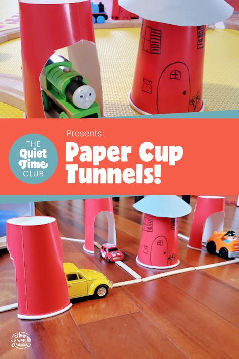 These paper cup tunnels are such a perfect quiet time activity for toddlers and preschoolers. These simple crafts are perfect for hours of imaginative and pretend play for kids! Transportation Pretend Play, Tubes And Tunnels Activities For Preschoolers, Tubes And Tunnels Preschool Art, Tubes And Tunnels Creative Curriculum Dramatic Play, Tunnel Activities For Preschool, Preschool Tubes And Tunnels Activities, Creative Curriculum Tubes And Tunnels Study, Paper Study For Toddlers, Creative Curriculum Tubes And Tunnels