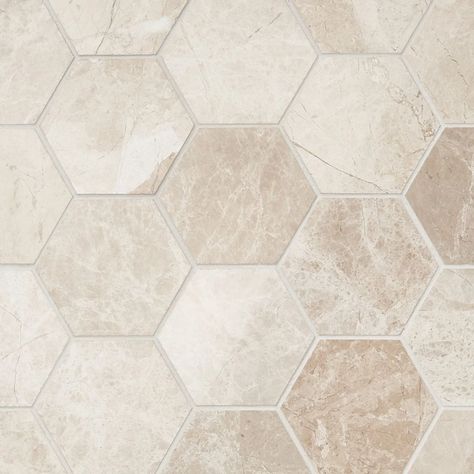 Cream Misto 3 Polished Marble Hexagon Mosaic | Tilebar.com Cream Tile Backsplash, Octagon Tile Floor, Beige Tile Bathroom, Stone Tile Bathroom, Hexagon Marble Tile, Cream Tile, Cream Bathroom, Hexagon Tile Floor, Honed Marble Tiles