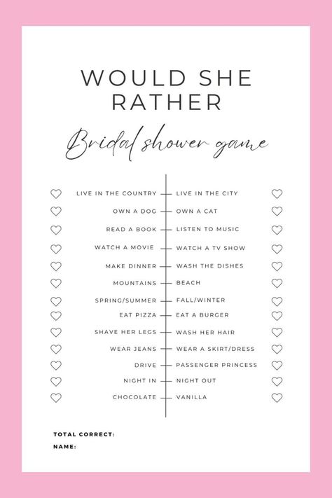 Bridal Shower Games Free Printables, Free Bridal Shower Games, Who Knows The Couple Best, Bride Shower Games, Who Knows The Bride Best, Bridal Shower Bachelorette Party Ideas, Bridal Party Games, Would She Rather, Bridal Shower Inspo