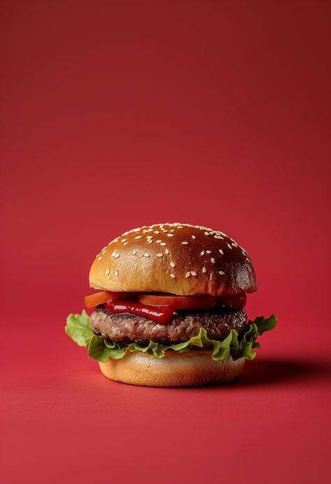 a burger on mono color studio background, product shooting vibes, the burger patty looking delicious, shot from a very low angle, hero shot, in the style of dark orange and emerald, contemporary photography, light red and white, oversized objects, creased, christcore, traditional craftsmanship --v 6 Burger Patty, Photography Light, Low Angle, Delicious Burgers, Studio Background, Dark Orange, Contemporary Photography, Red Background, Light Red