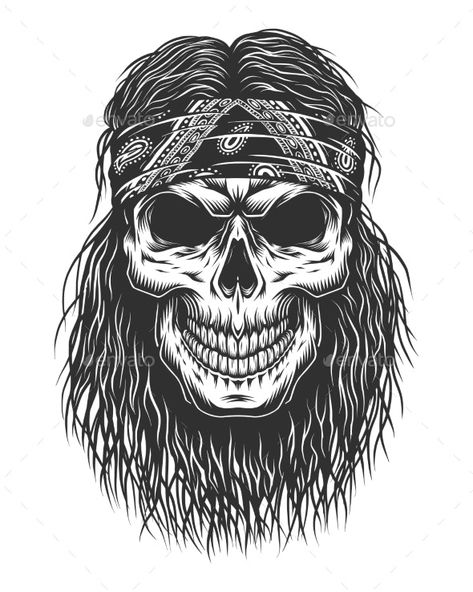 Skull with Hair by imogi | GraphicRiver Skull With Long Hair, Indian Skull Tattoos, Skull Beard, Hair Vector, Tattoo Skull, Hair Tattoo, Curly Hair Drawing, Skull Art Drawing, Skulls Drawing