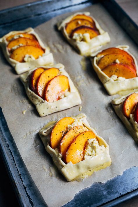 Savory Peach and Ricotta Tarts with Basil Oil - Brooklyn Supper Ricotta And Peaches, Savory Peach Recipes, Peach And Ricotta, Peach Ricotta, Courtney Williams, Witchy Shop, Peach Puff Pastry, Savoury Tarts, Basil Olive Oil