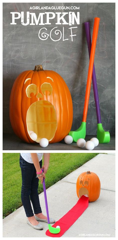 DIY Pumpkin Golf | Halloween Games Pumpkin Golf, Golf Halloween, Fall Festival Games, Dekorasi Halloween, Fall Carnival, Festival Games, Halloween Decor Diy, Painting Pumpkins, Diy Halloween Games