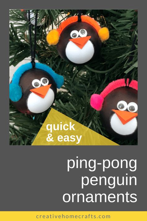 DIY this quick & easy penguin ornament for your Christmas tree with a ping pong ball and a Sharpie. No painting required! Diy Ornaments Christmas Kids Easy, Ping Pong Crafts, Christmas Bulb Ornaments Diy Kids, Crafts With Ping Pong Balls, Christmas Balls Crafts, Diy Penguin, Diy Animal Ornaments, Home Made Xmas Tree Decorations, Easy Penguin Crafts For Kids