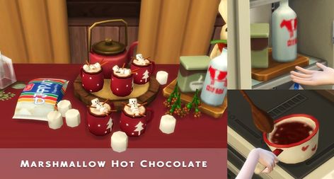 December 2023 Recipe_Marshmallow Hot Chocolate | Patreon Sims 4 Cc Hot Chocolate, Sims Food, Marshmallow Hot Chocolate, Sims 4 Kitchen, Cc Sims4, Cc Mods, 3 Women, Hot Chocolate Recipes, Sims 4 Build