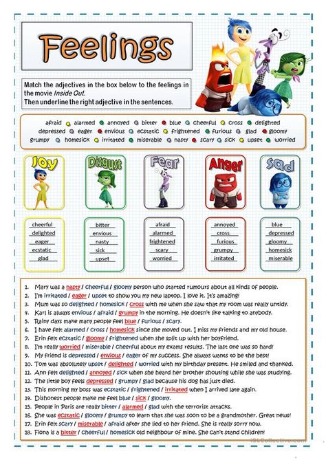 INSIDE OUT - FEELINGS AND EMOTIONS - English ESL Worksheets for distance learning and physical classrooms Frustration Tolerance, Inside Out Emotions, Vocabulary Exercises, Movie Inside Out, Emotions Activities, School Social Work, Therapeutic Activities, Counseling Activities, Child Therapy