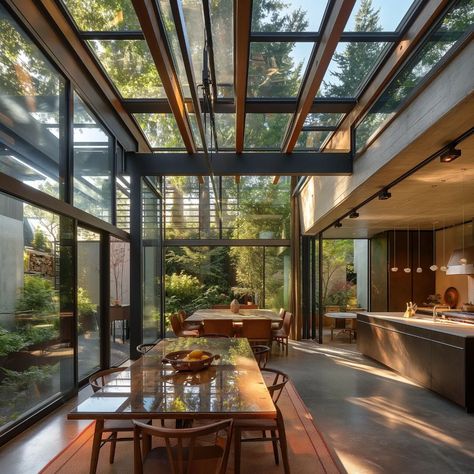 glazed roof systems #midjourney #imagine #glassroof #skylight #atrium Flat Glass Roof, Homes With Atriums, Glass Roof House, Industrial Skylight, Solarium Kitchen, House Atrium, Glass Atrium, Glass House Design, Visitors Center