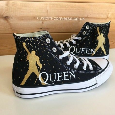 Lillian Core, Custom Trainers, Queen Merch, Queen Shoes, Queen Logo, Converse Design, Converse Custom, Black High Top Converse, Converse Trainers