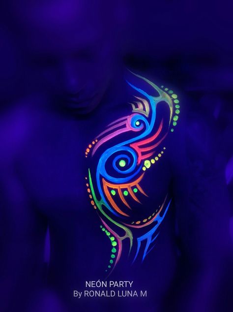 Glow Paint Makeup Ideas, Glow Body Painting, Uv Face Paint Men, Glow Party Body Art, Black Light Party Outfit Clothes, Black Light Body Painting, Uv Body Painting Ideas, Glow In The Dark Body Painting, Colorful Body Painting