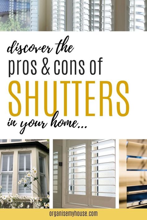 Everything you need to know about window shutters pros and cons. Listing the benefits and downfalls of choosing shutters for your windows will help you make an informed decision before taking the plunge and buying them for your home. Interior Window Shutters Ideas, Interior Shutters For Windows, Interior Shutters Living Room, Window Shutters Inside, Window Shutter Blinds, Shutters Interior Window, Window Shutters Indoor, Shutters With Curtains, Shutters Inside