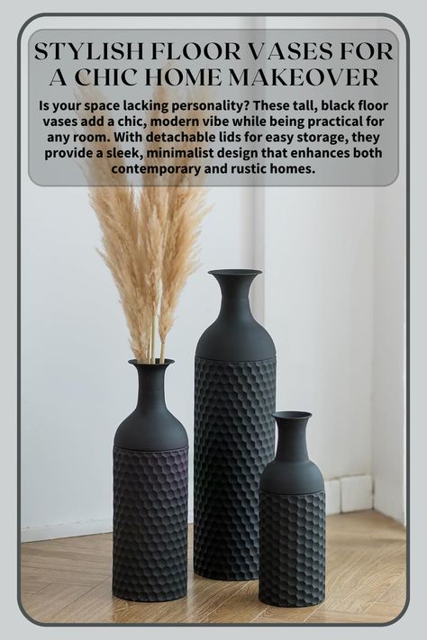 Is your space lacking personality? These tall, black floor vases add a chic, modern vibe while being practical for any room. With detachable lids for easy storage, they provide a sleek, minimalist design that enhances both contemporary and rustic homes. #HomeMakeover #StylishVases #ModernHome #DecorInspo #FloorVases #LivingRoomStyle #InteriorDesign #HomeDecorGoals #VaseDecor #HomeInspo #MinimalistDecor #DecorIdeas #ChicVibes #RusticHome #InteriorGoals Corner Hallway, Standing Vase, Vase For Living Room, Floor Standing Vase, Black Vases, Home Corner, Floor Vases, Farmhouse Vibes, Rustic Homes