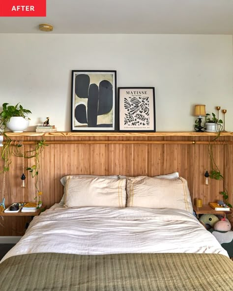 A Boho Bedroom Redo Only Cost $250 — And Looks Way Different | Apartment Therapy Full Wall Headboard, Diy Headboard Wood, No Headboard Ideas, Headboard Upcycle, Diy Headboard Ideas Easy, Headboard Hack, Hanging Headboard, Headboard Alternative, Boho Headboard