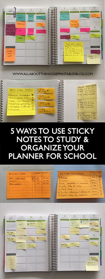 how to use sticky notes to organize your planner for school daily planner weekly color coded organization college exam tips homework http://www.allaboutthehouseprintablesblog.com/planner-organization-5-ways-to-use-sticky-notes-for-school-or-college/ Study Sticky Notes Ideas, How To Use Post It Notes To Study, How To Organize For School, How To Use Sticky Notes, Ways To Use Sticky Notes, Organize For School, Daily Planner Work, School Organization College, Use Sticky Notes