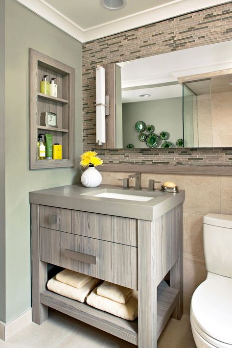 Bathroom Ideas Earth Tones, Replace Medicine Cabinet, Guest Half Bathroom Ideas, Neutral Bathroom Paint, Neutral Bathroom Ideas Earth Tones, Neutral Bathroom Paint Colors, Neutral Bathroom Ideas, Homemade Shelves, Small Bathroom Solutions