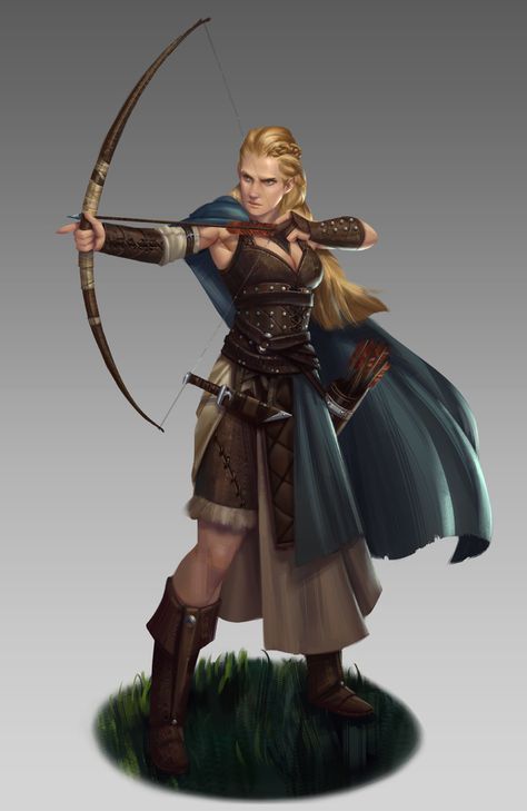 Archer by NathanParkArt female ranger bow arrows dagger elf half-elf armor clothes clothing fashion player character npc | Create your own roleplaying game material w/ RPG Bard: www.rpgbard.com | Writing inspiration for Dungeons and Dragons DND D&D Pathfinder PFRPG Warhammer 40k Star Wars Shadowrun Call of Cthulhu Lord of the Rings LoTR + d20 fantasy science fiction scifi horror design | Not Trusty Sword art: click artwork for source Ranger Rpg, Heroic Fantasy, Fantasy Portraits, Model Sheet, Fantasy Images, Female Human, Fantasy Armor, Fantasy Warrior, Fantasy Rpg