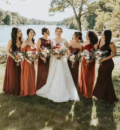 25 Beautiful Burgundy and Burnt Orange Bridesmaid Dresses for Fall Weddings Burgundy Orange Bridesmaid Dresses, Cranberry Bridesmaid Dresses Fall, Red And Orange Bridesmaid Dresses, Burnt Orange Weddings Bridesmaid Dress, Burgundy And Orange Wedding, Burnt Orange And Burgundy Wedding, Burgundy And Burnt Orange Wedding, Fall Wedding Bridesmaid Dresses, Fall Wedding Bridal Party