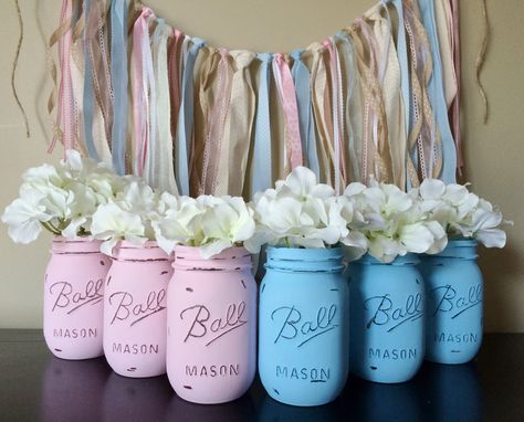 Painted Mason Jars, Baby Shower Decor, Gender Reveal Decorations, Centerpiece, Shabby Chic, Bridal Shower Decor, Gender Reveal Party by BeeCottageBoutique on Etsy https://www.etsy.com/listing/238960119/painted-mason-jars-baby-shower-decor Diy Gender Reveal Decorations Crafts, Gender Reveal Decorating Ideas, Gender Reveal Diy Ideas, Diy Gender Reveal Ideas Decorations, Gender Reveal Diy Decorations, Gender Reveal Ideas For Party Decoration, Gender Reveal Food Ideas, Gender Reveal Centerpieces, Gender Reveal Activities