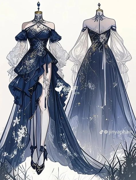 Reavling Outfit Aesthetic, Siren Outfit Drawing, Prom Dresses Drawing, Fantasy Dress Drawing Outfit Ideas, Anime Dress Ideas, Dresses On Mannequins, Outfits To Draw, Dreamy Gowns, Dress Design Drawing