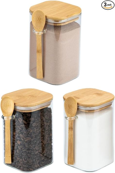 Amazon.com: Set of 3 Square Glass Food Storage Containers With Bamboo Lids & Spoons – Decorative Airtight 40 Ounce Borosilicate Glass Food Storage Jars for Coffee, Tea, Sugar, Flour, Candy, Bath Salts & More: Home & Kitchen Oatmeal In A Jar, Glass Kitchen Canisters, Square Glass Jars, Sugar Storage, Square Jars, Sugar Container, Kitchen Tool Set, Glass Spice Jars, Glass Storage Jars